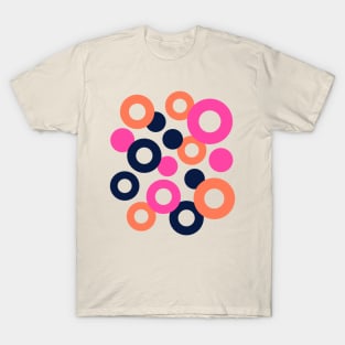 DROPS Polka Dots Rings Geometric Mid-Century Abstract in Retro Midnight Blue Orange Fuchsia Hot Pink - UnBlink Studio by Jackie Tahara T-Shirt